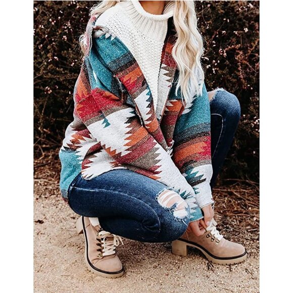Multicolor Aztec Tribal Print Button Down Corduroy Shacket Jacket Coat - Picture 5 of 9
